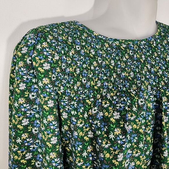 Pleione Women's Top Small Green Floral Smocked Keyhole Neck 3/4 Sleeve Blouse - Picture 6 of 10